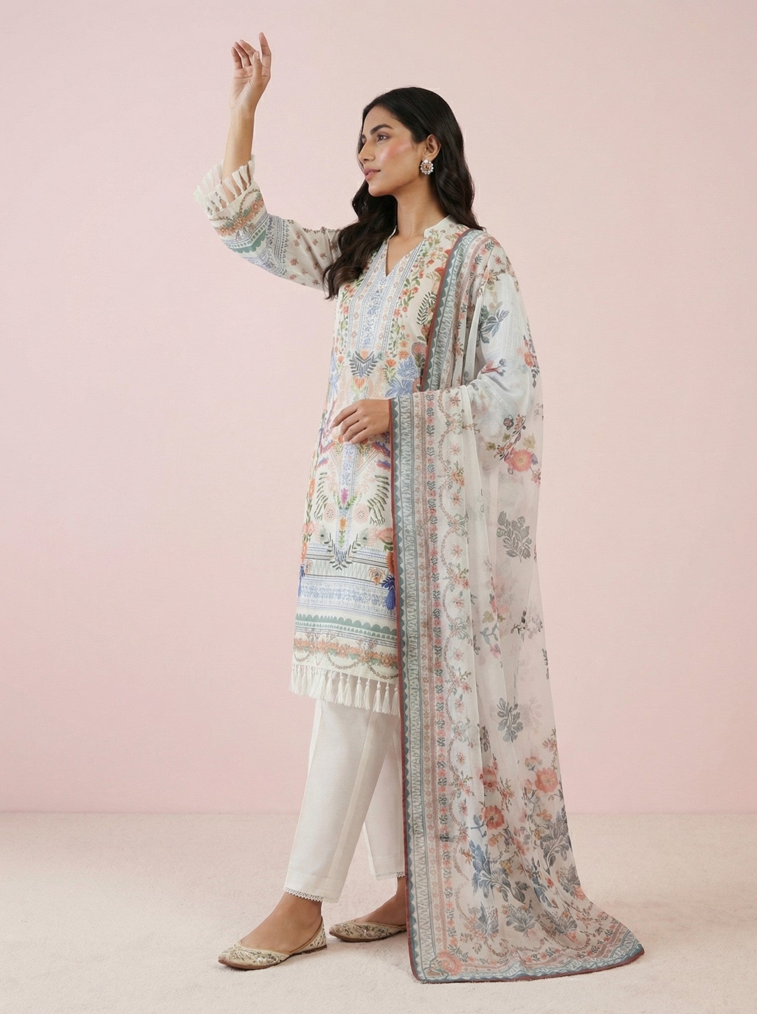 White Printed Silk Cotton Suit Set With Dupatta