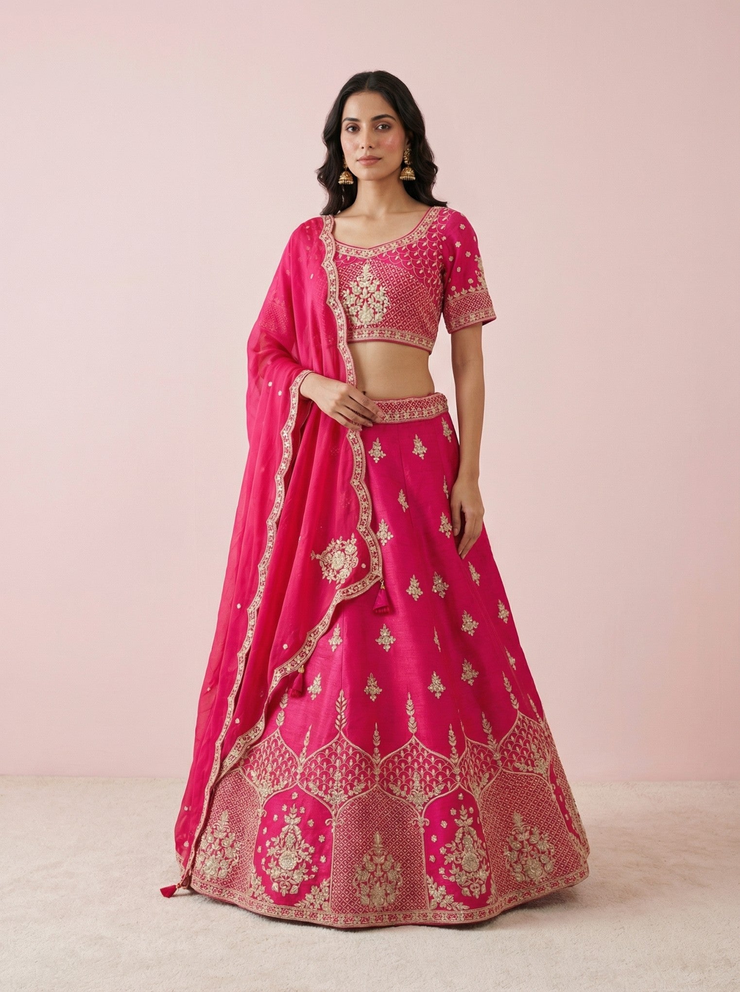 Dark Pink Hand Embroidered Raw Silk Lehenga With Readymade Blouse