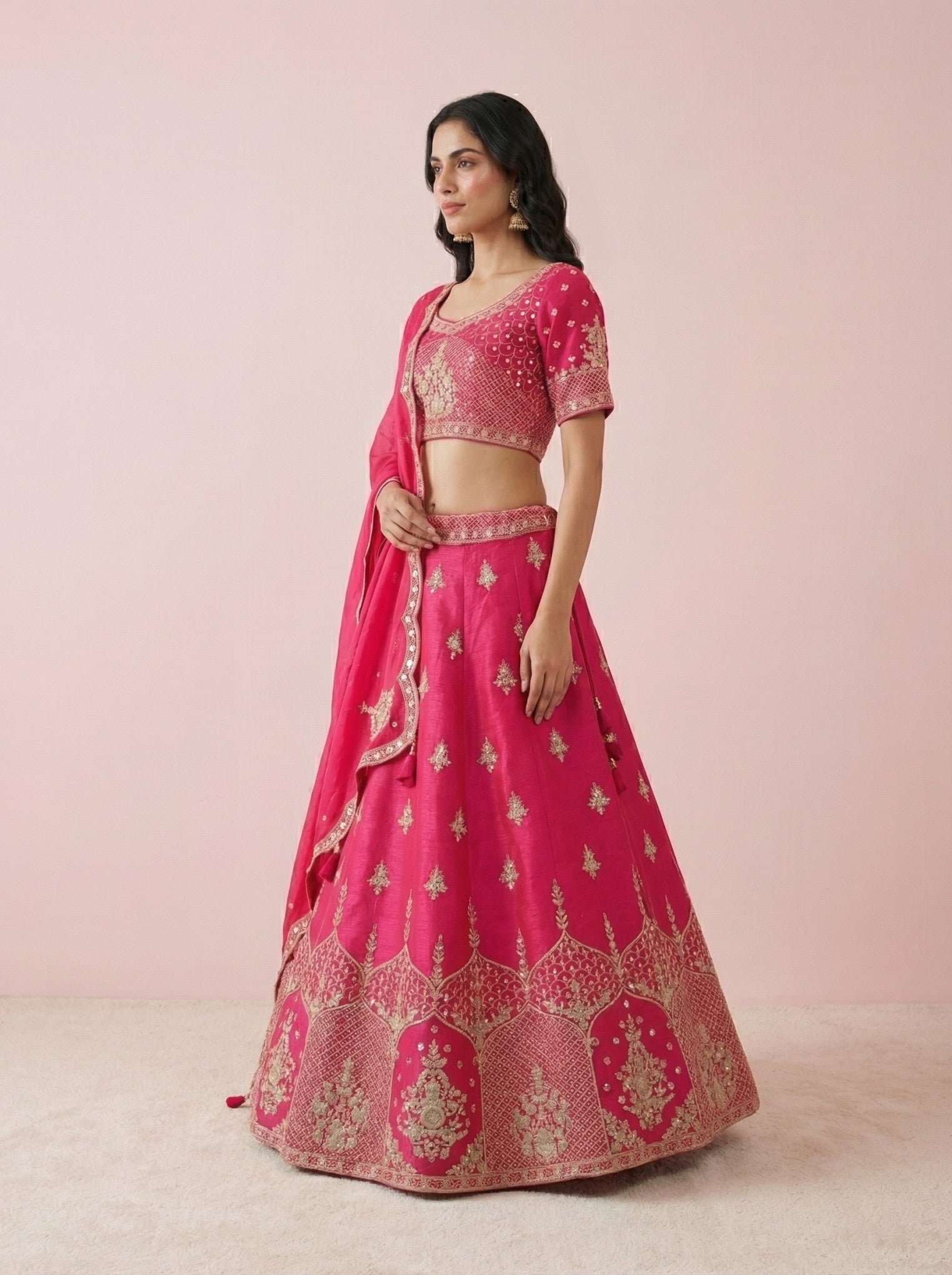 Dark Pink Hand Embroidered Raw Silk Lehenga With Readymade Blouse