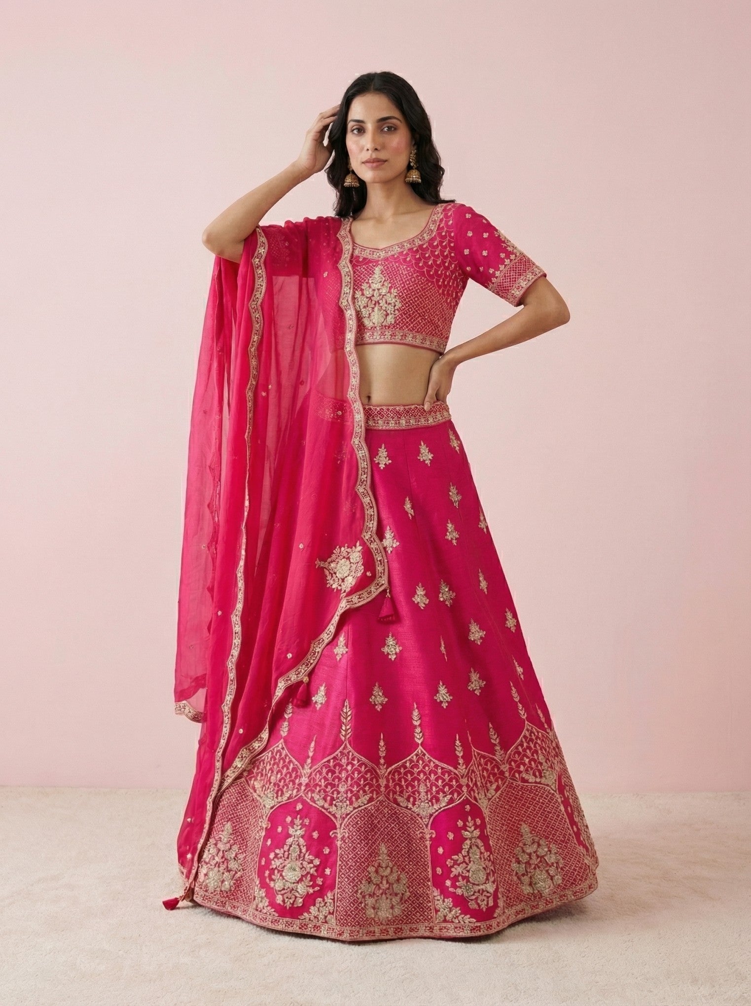 Dark Pink Hand Embroidered Raw Silk Lehenga With Readymade Blouse