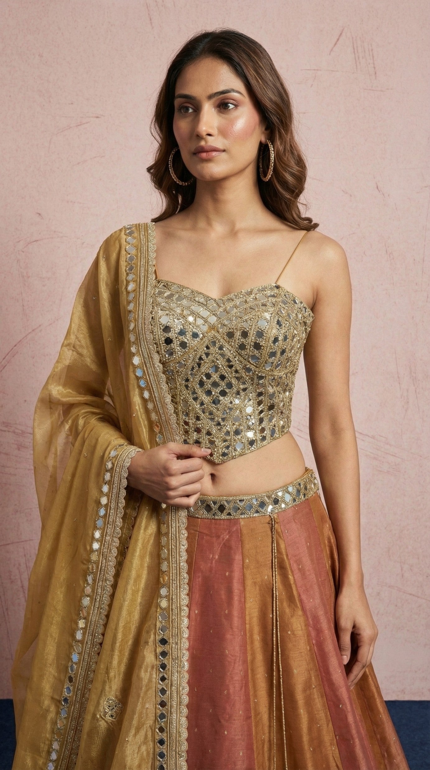 Light Brown Mirror Work Festive Lehenga