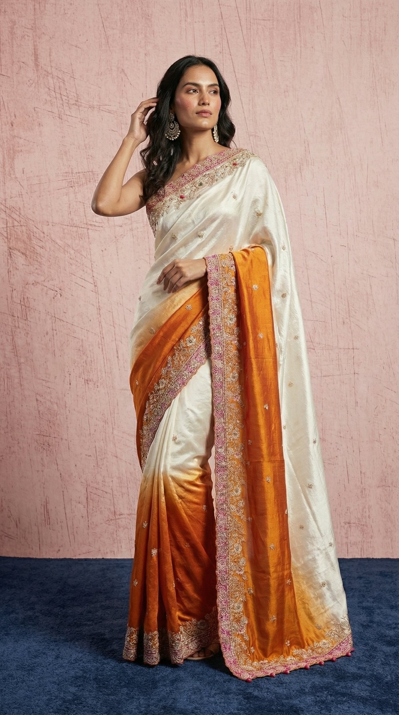 Shaded Orange & White Silk Hand Work Saree