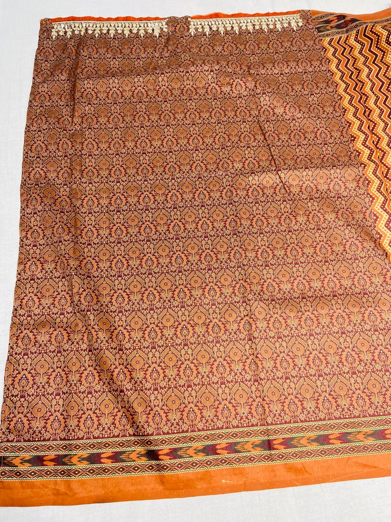 Brown Hand Block Dola Silk Saree