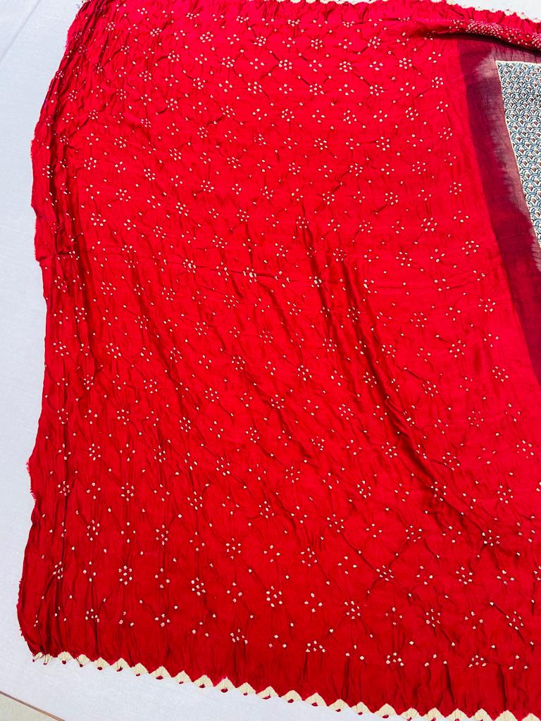 Red Hand Block Bandhej Gajji Silk Saree