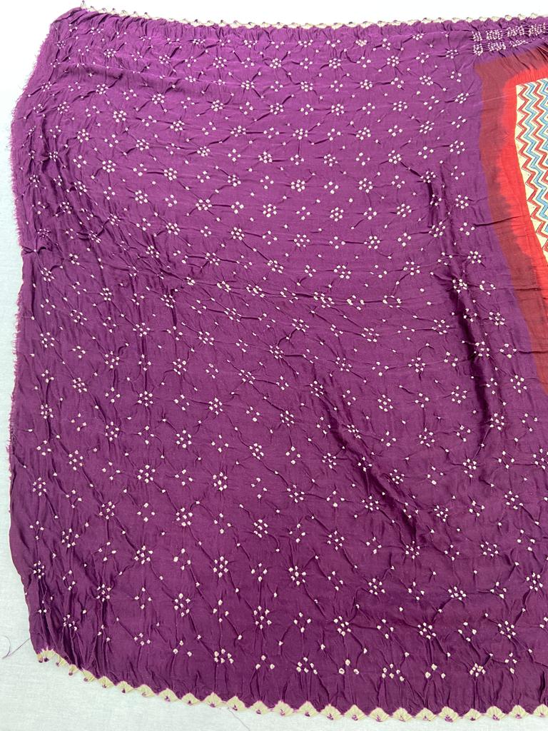 Purple Hand Block Bandhej Gajji Silk Saree