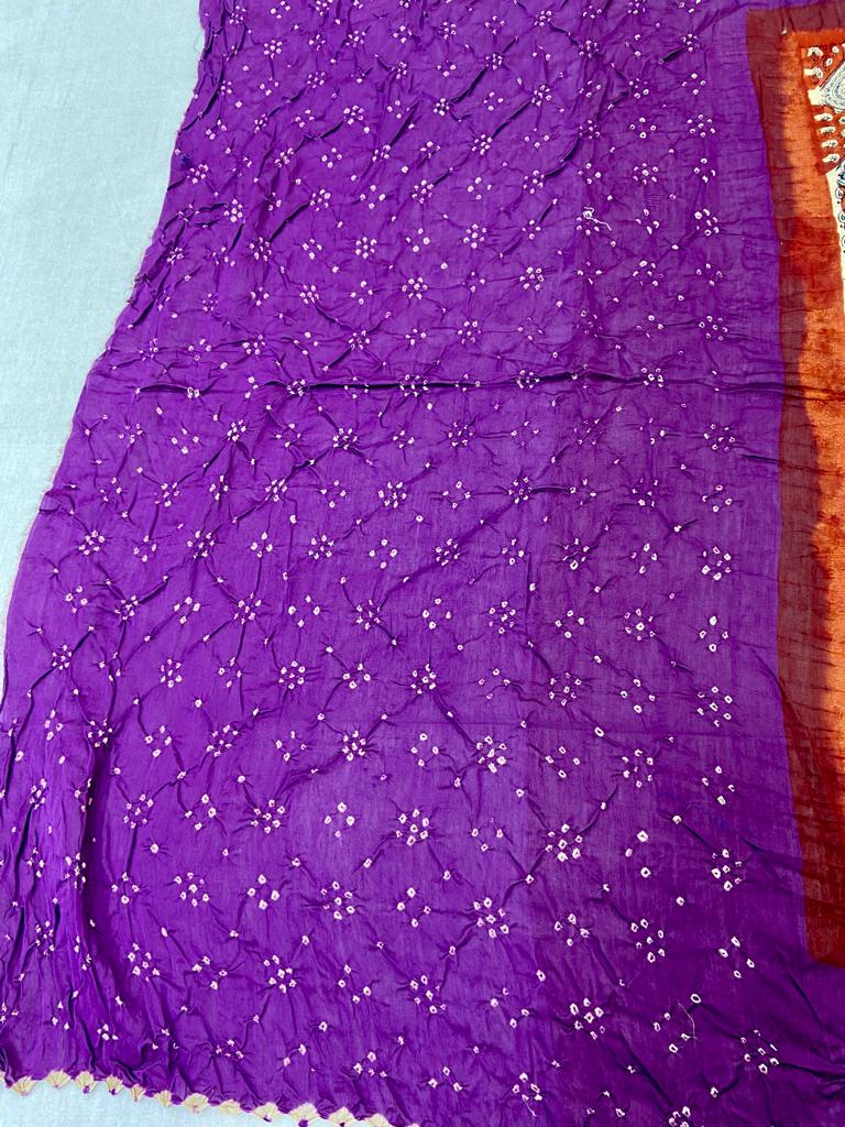 Purple Hand Block Bandhej Gajji Silk Saree