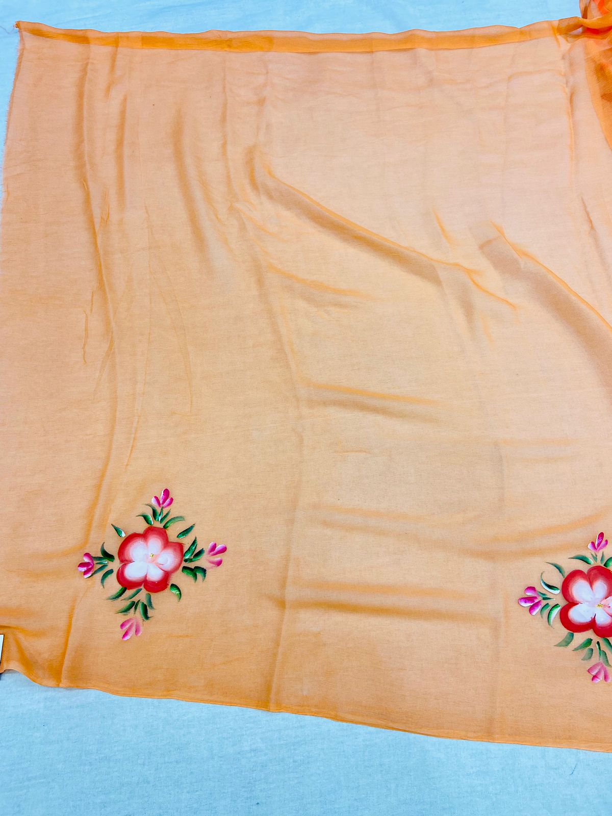 Orange Hand Painted Chiffon Leheriya Saree