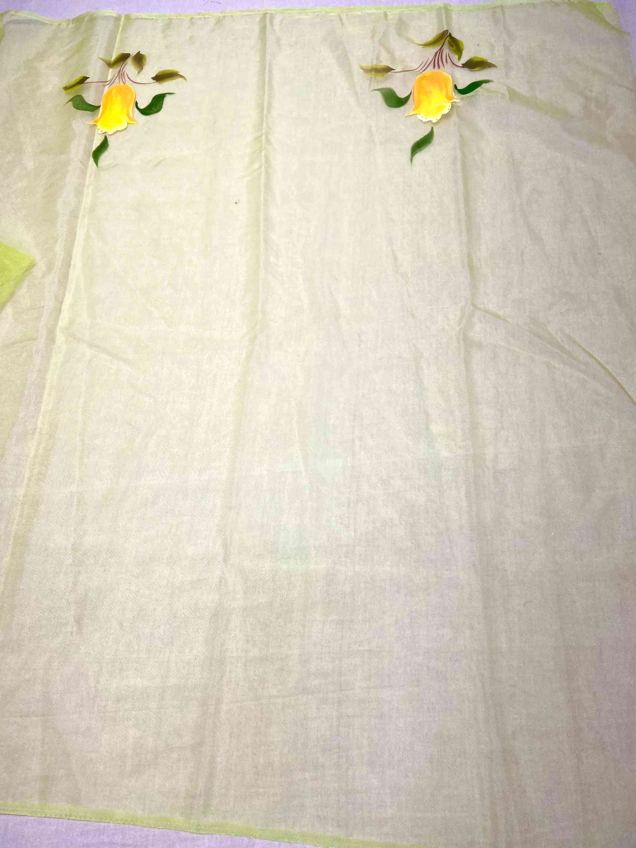 Light Green Floral Print Hand Painted Saree