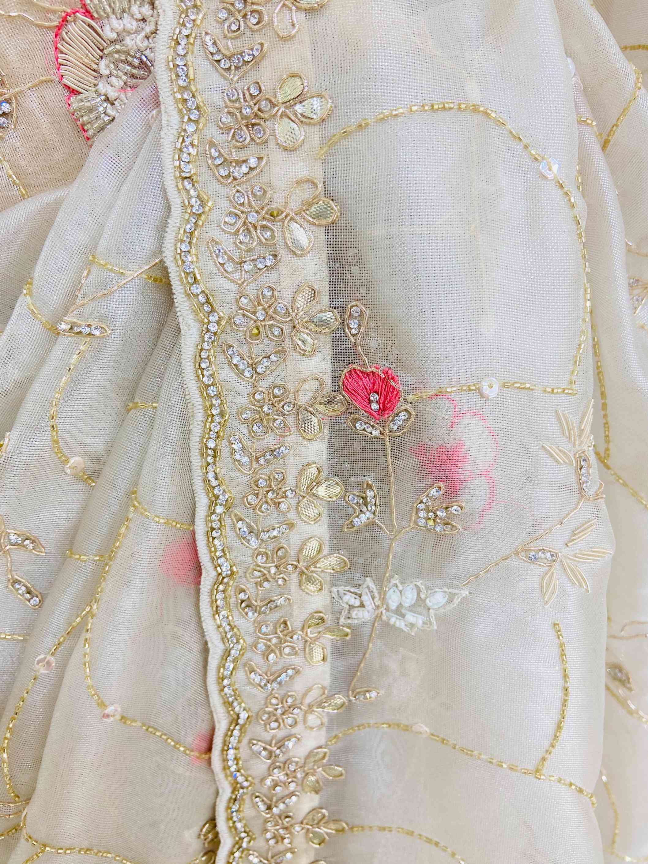 Off White Tissue Organza Hand Work Saree