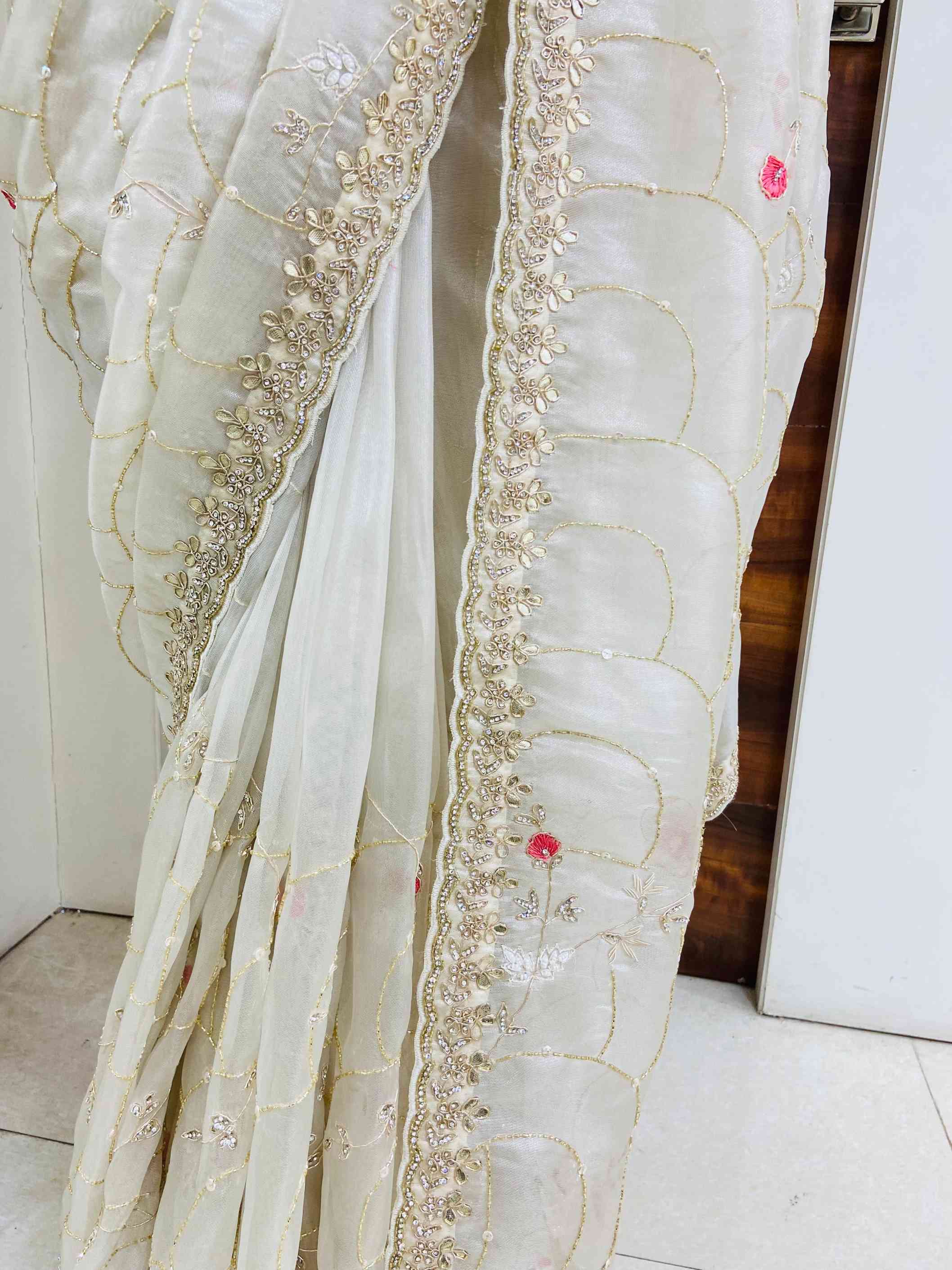 Off White Tissue Organza Hand Work Saree