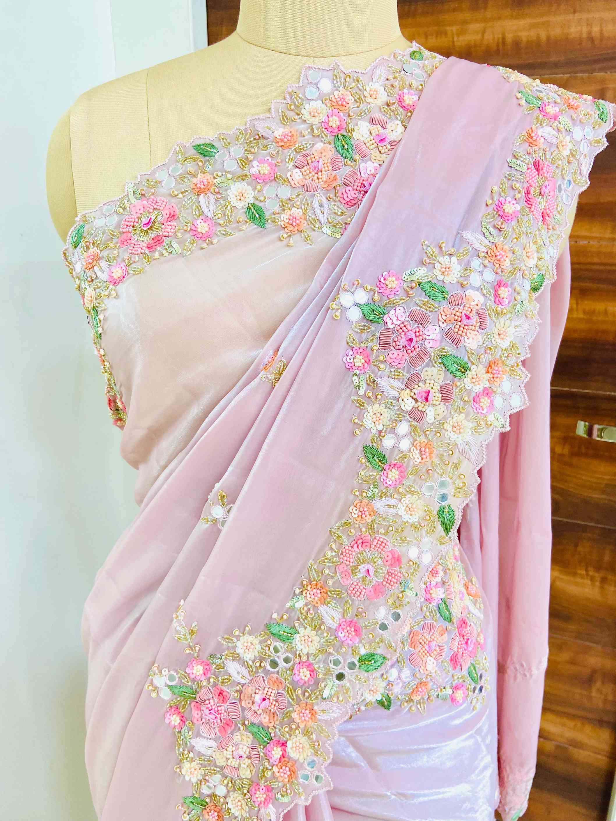 Candy Pink Gloss Silk Saree With 3D Embroidery