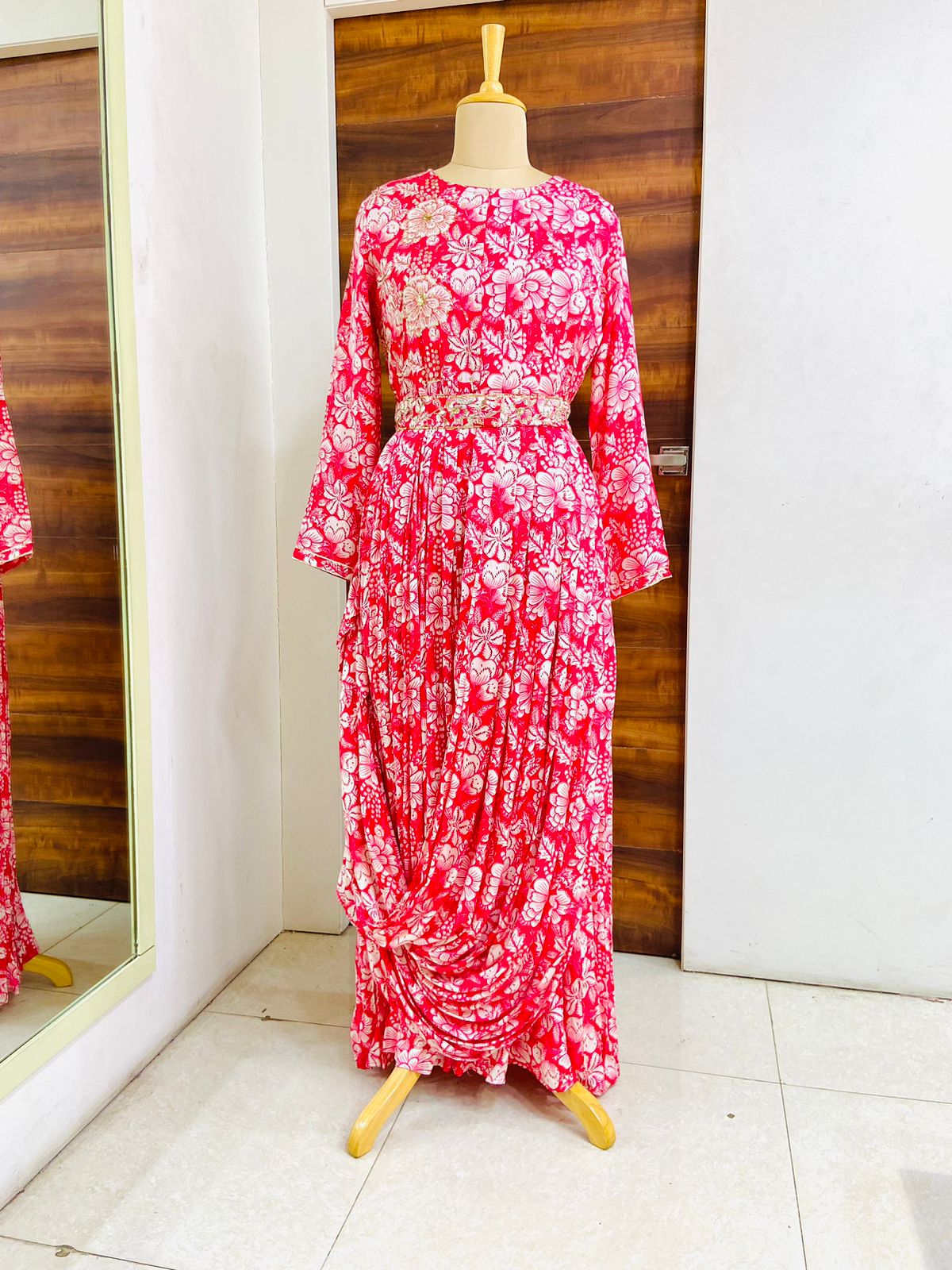 Red Printed Chinnon Designer Gown