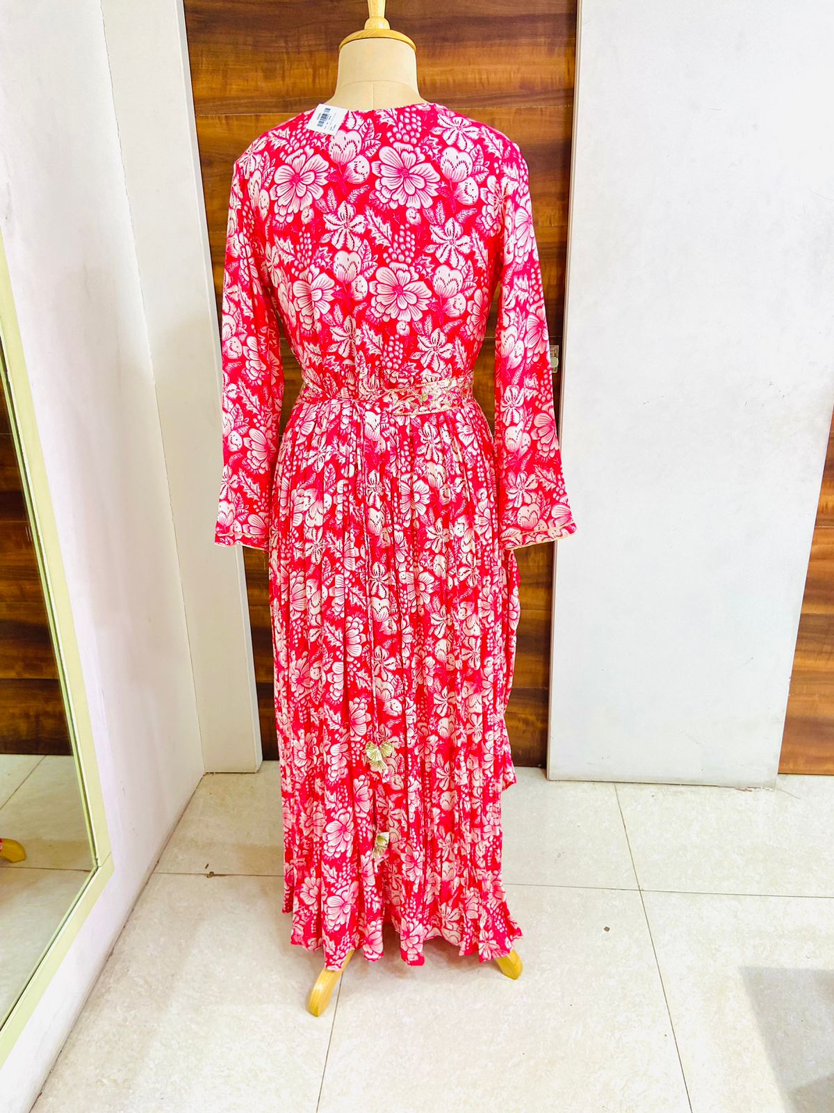 Red Printed Chinnon Designer Gown