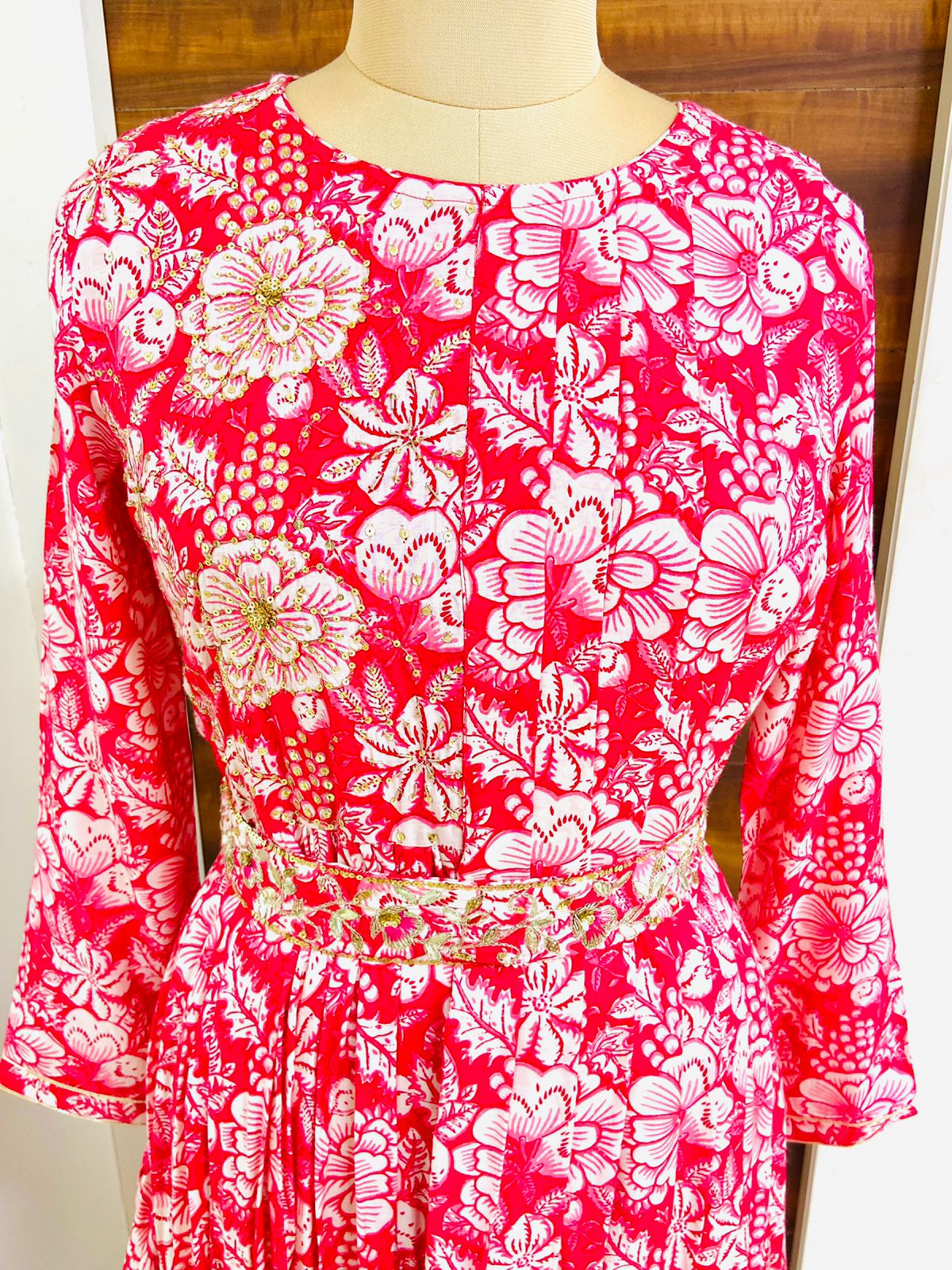 Red Printed Chinnon Designer Gown