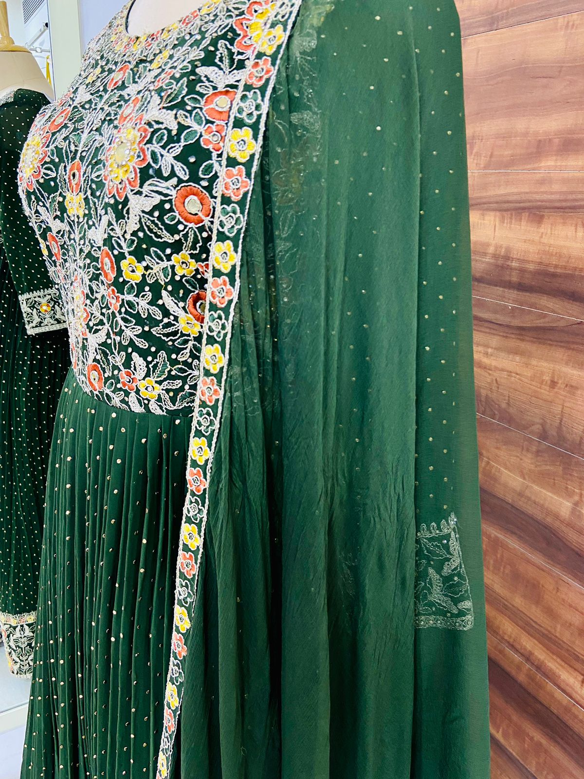 Dark Green Georgette Embroidered Gown