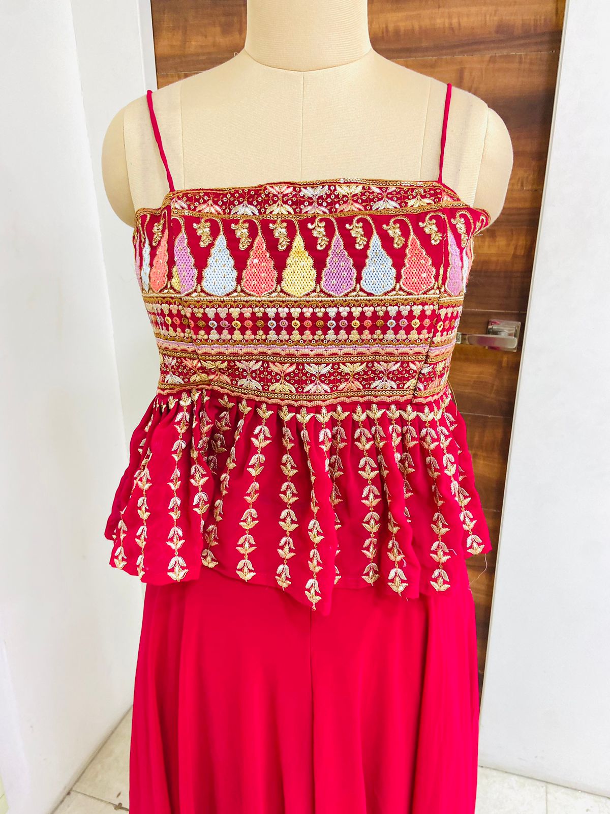 Red Georgette Crop Top With Shrug & Sharara