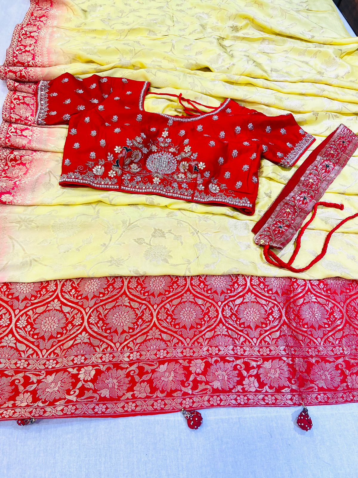 Yellow & Red Banarasee Saree With Readymade Blouse