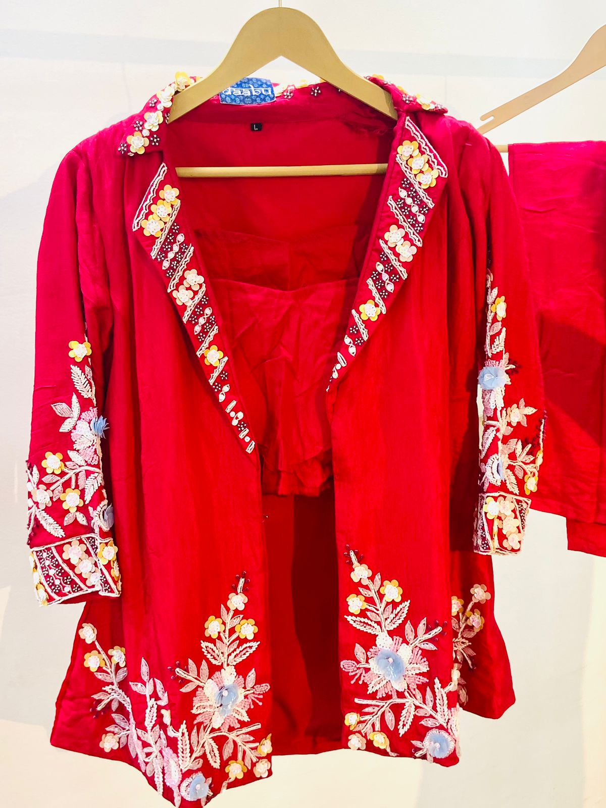 Bright Red Velvet Co-Ord Set With Jacket