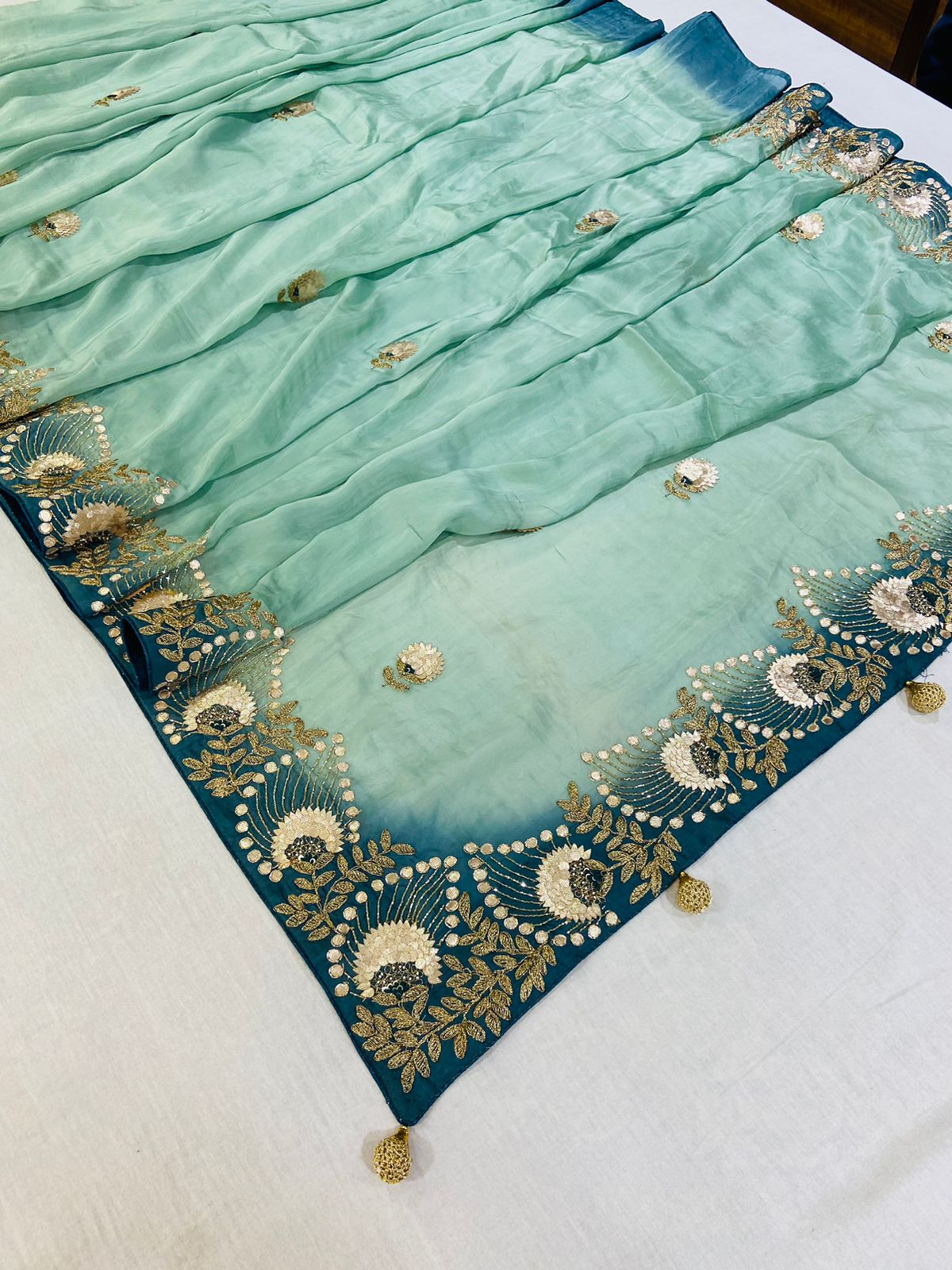 Shaded Green Designer Silk Saree