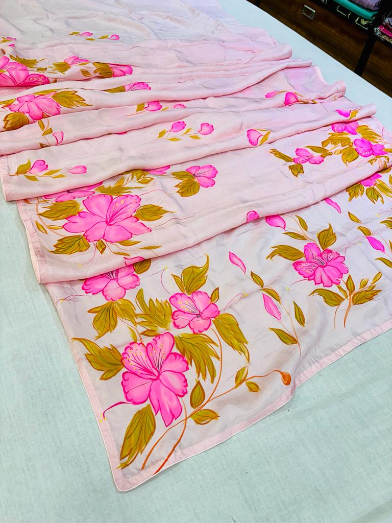 Light Pink Floral Print Silk Hand Painted Saree