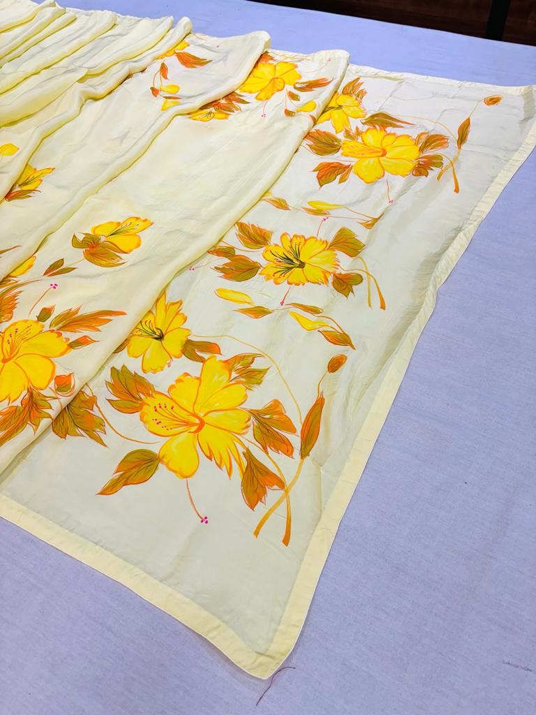 Cream Color Floral Print Silk Hand Painted Saree