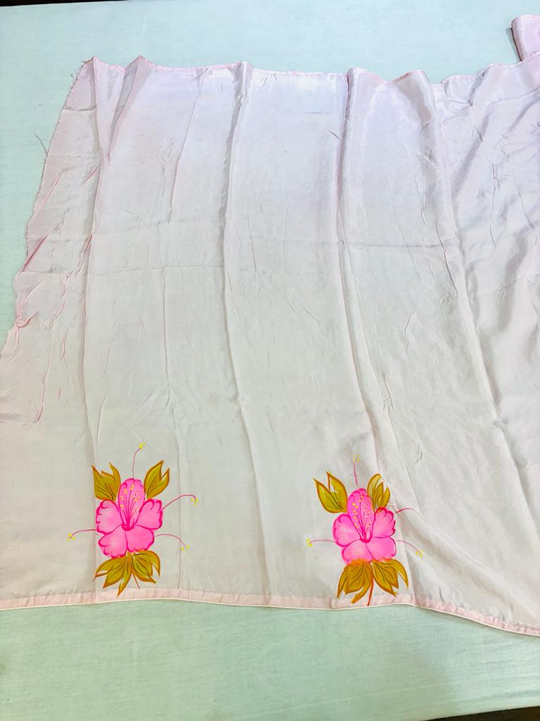 Light Pink Floral Print Silk Hand Painted Saree