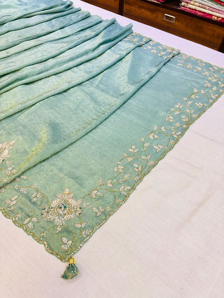 Light Green Silk Designer Hand Work Saree