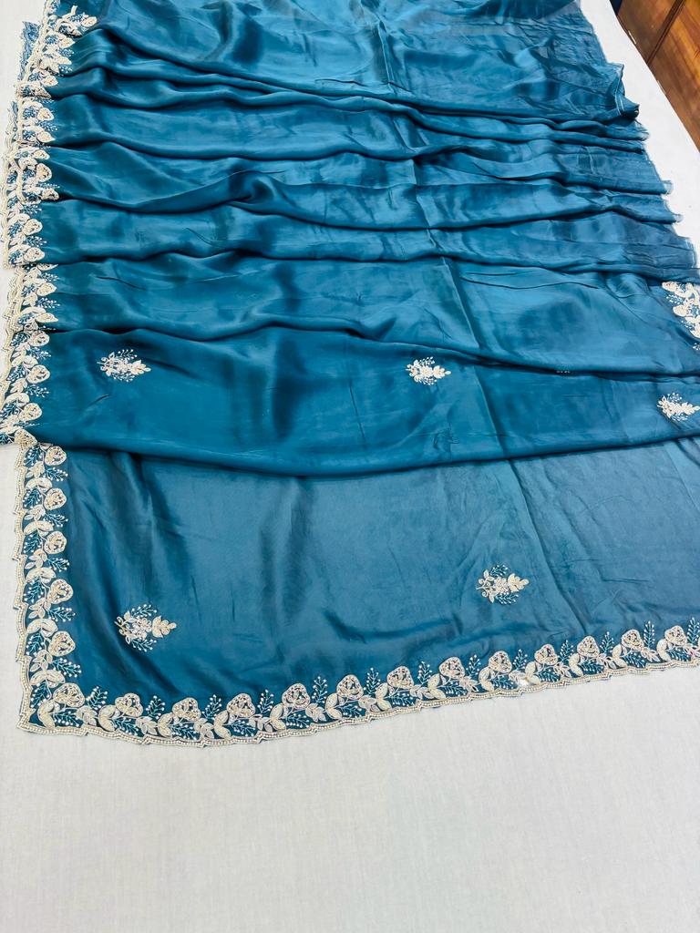 Blue Satin Silk Designer Saree