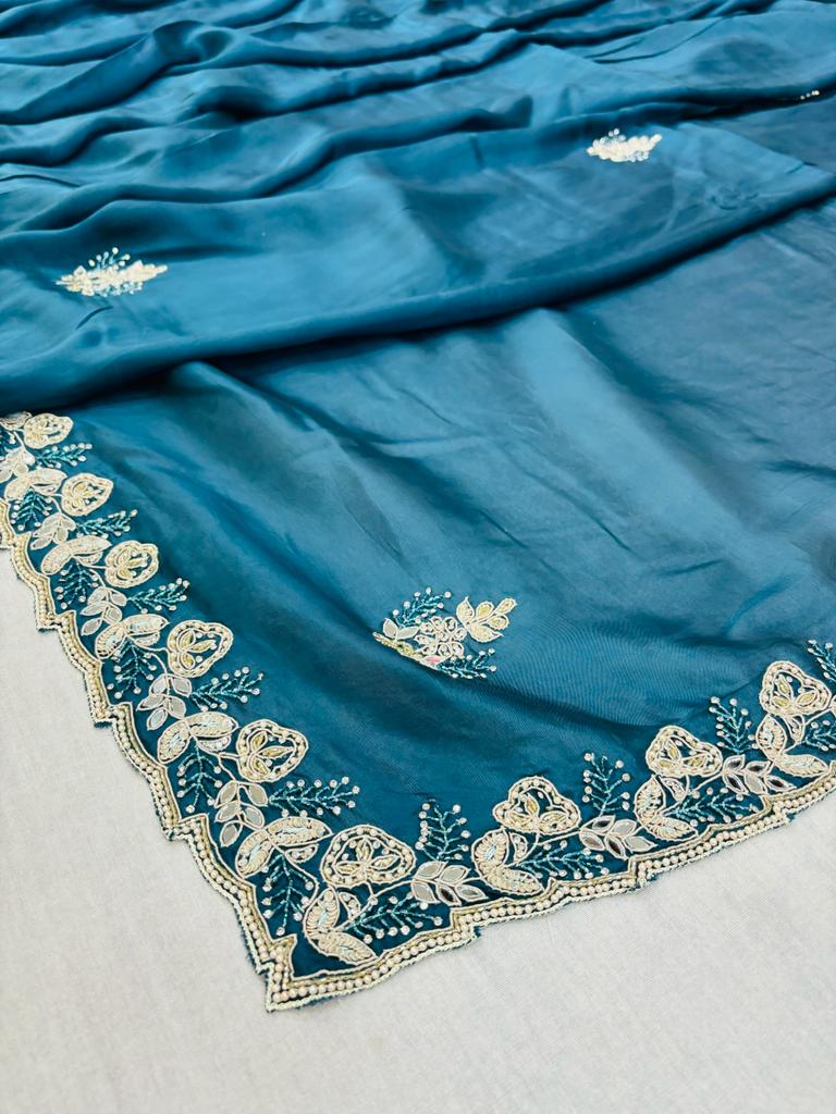 Blue Satin Silk Designer Saree