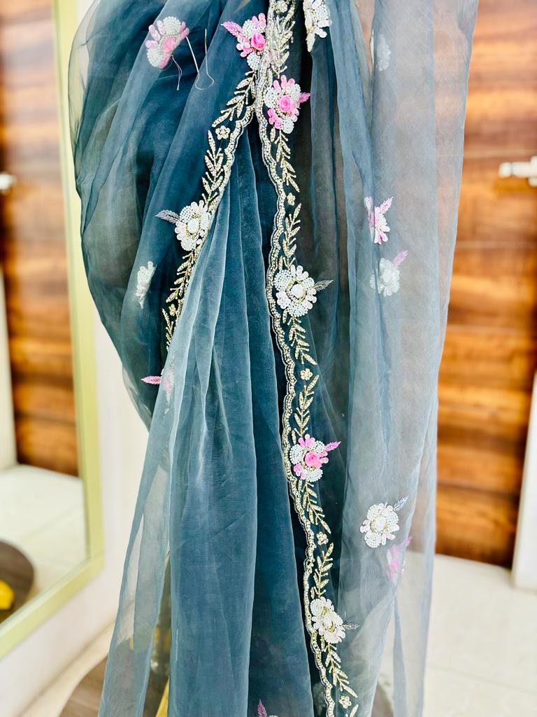 Grey Paper Organza Designer Saree