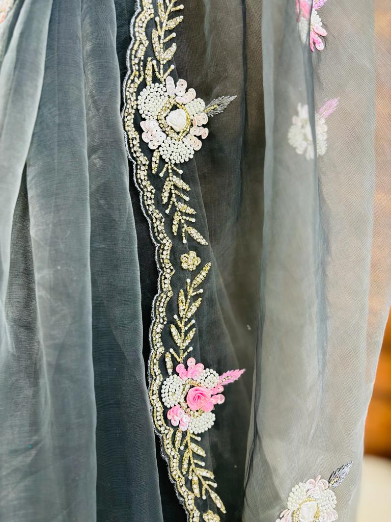 Grey Paper Organza Designer Saree