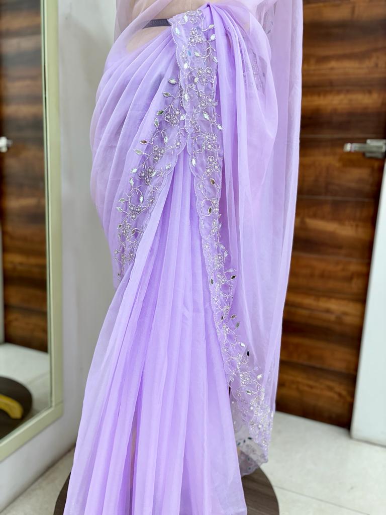 Lilac Organza Mirror Work Saree