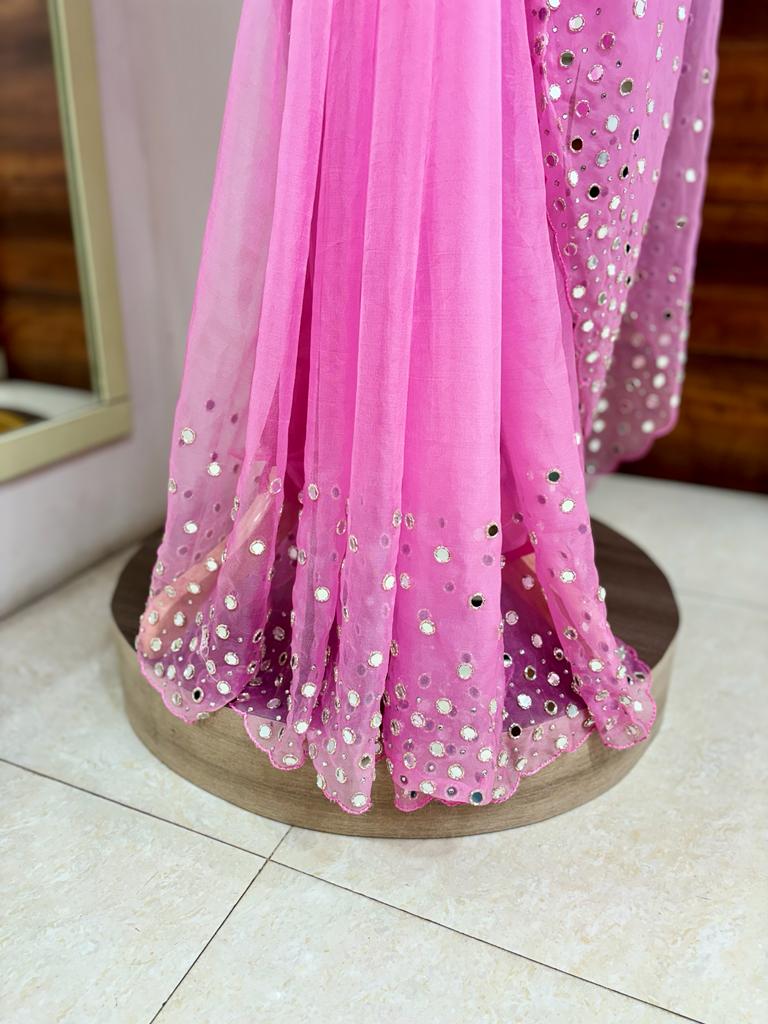 Light Pink Organza Mirror Work Saree