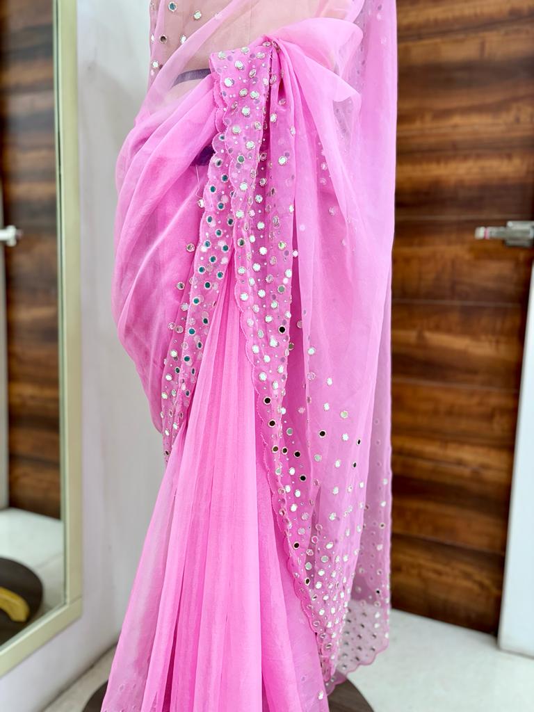 Light Pink Organza Mirror Work Saree