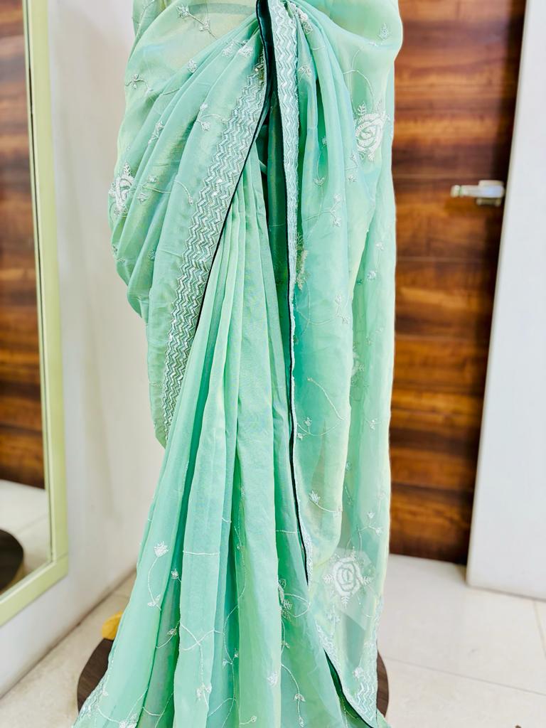 Light Green Popcorn Tissue Designer Saree