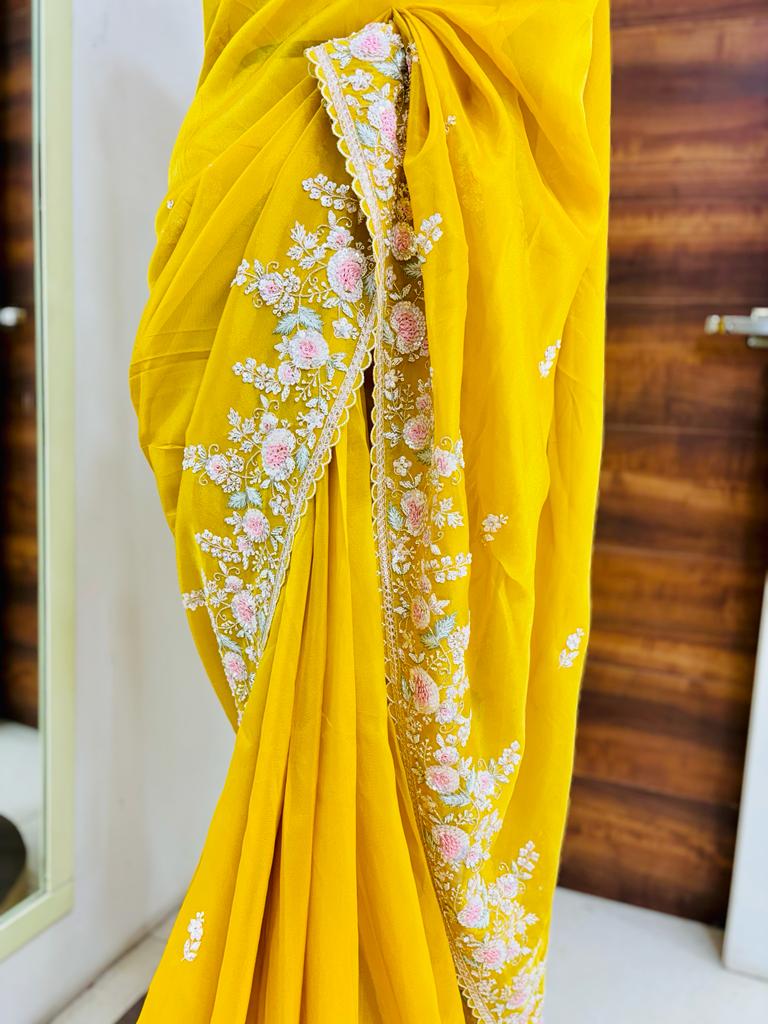 Yellow Pure Tissue Silk Designer Saree