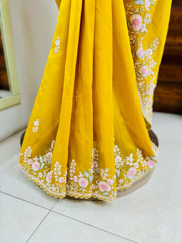 Yellow Pure Tissue Silk Designer Saree