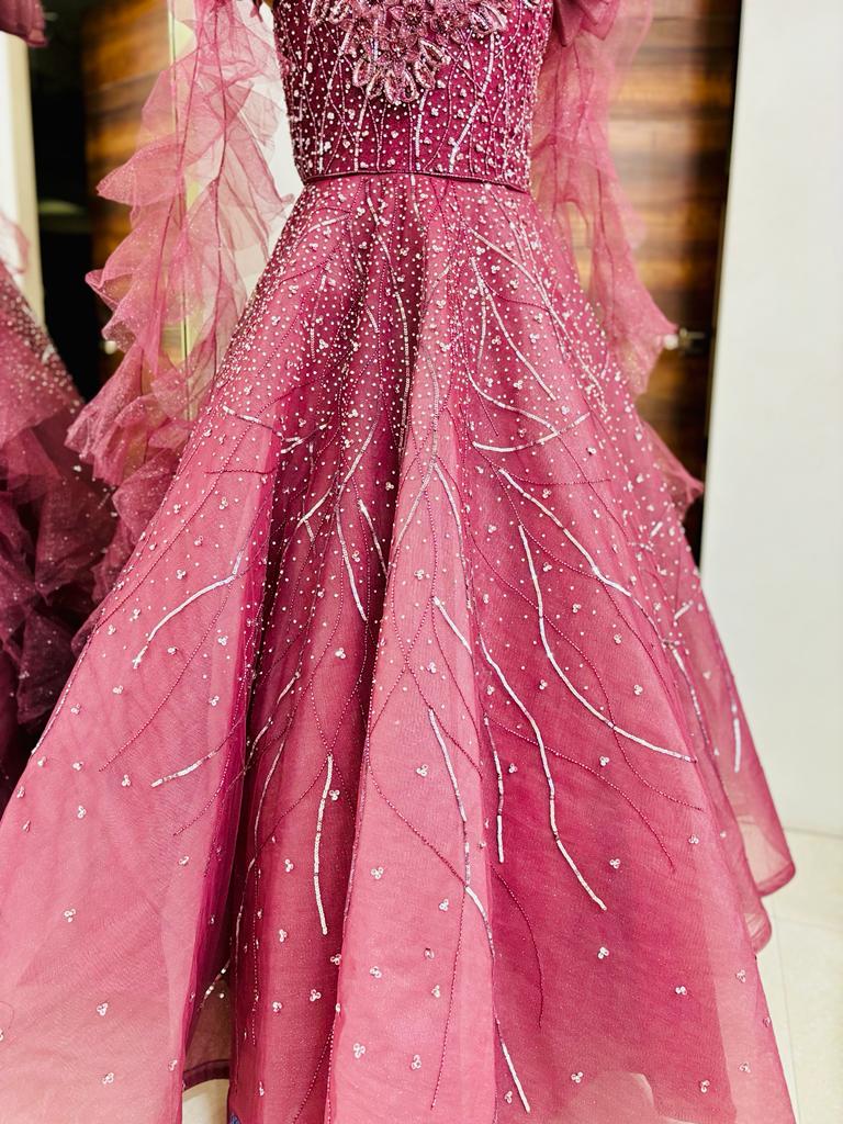 Salmon Pink Net Ball Gown