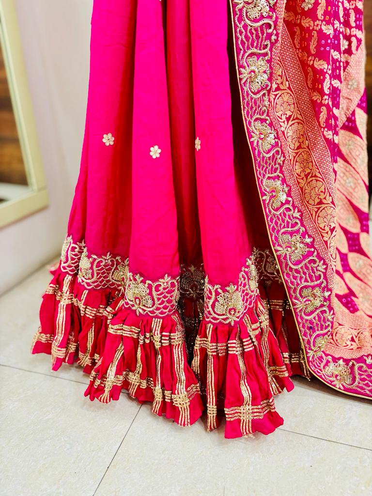 Pink Bandhej Silk Frill Designer Saree