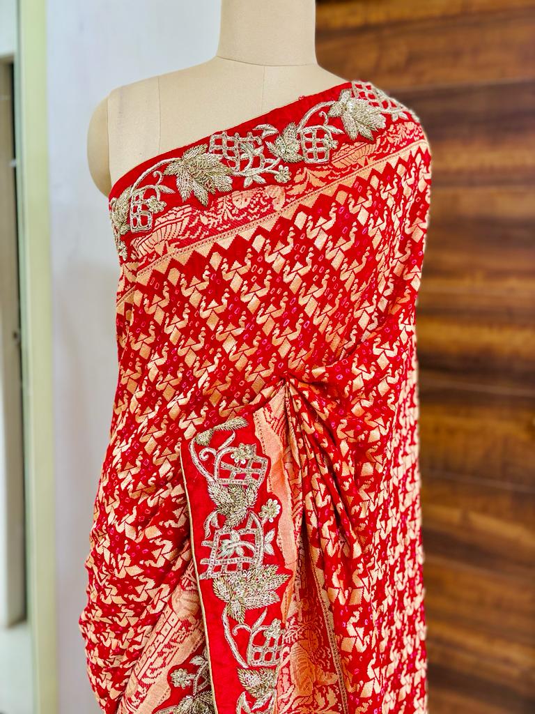 Red Bandhej Silk Frill Designer Saree