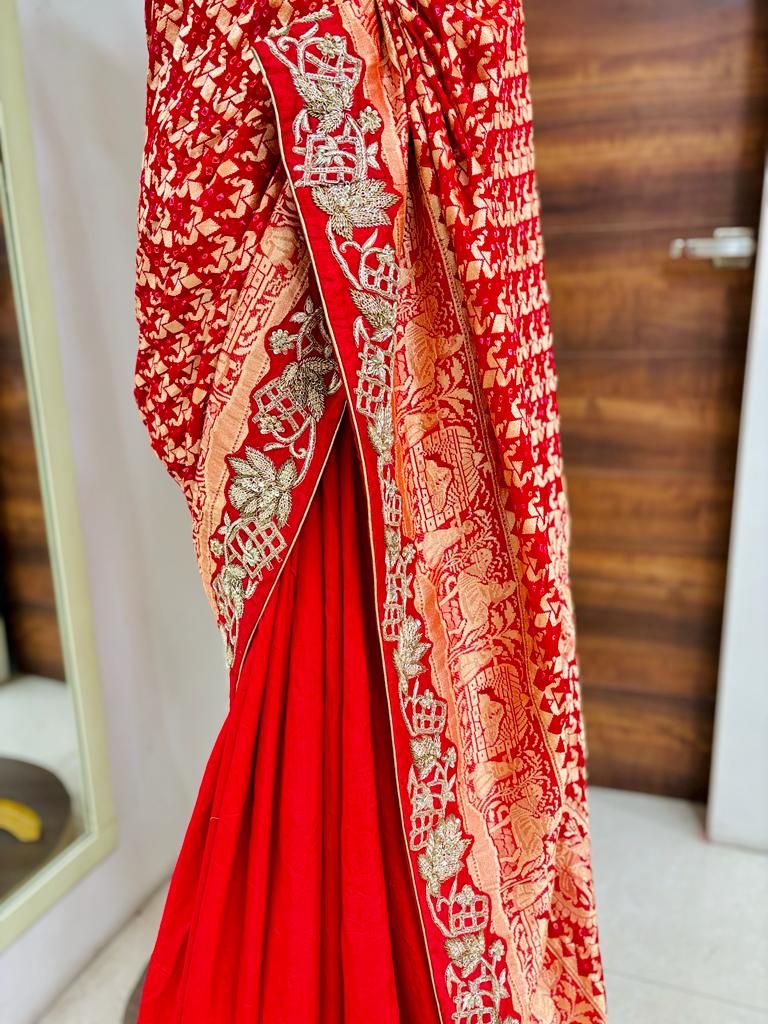 Red Bandhej Silk Frill Designer Saree