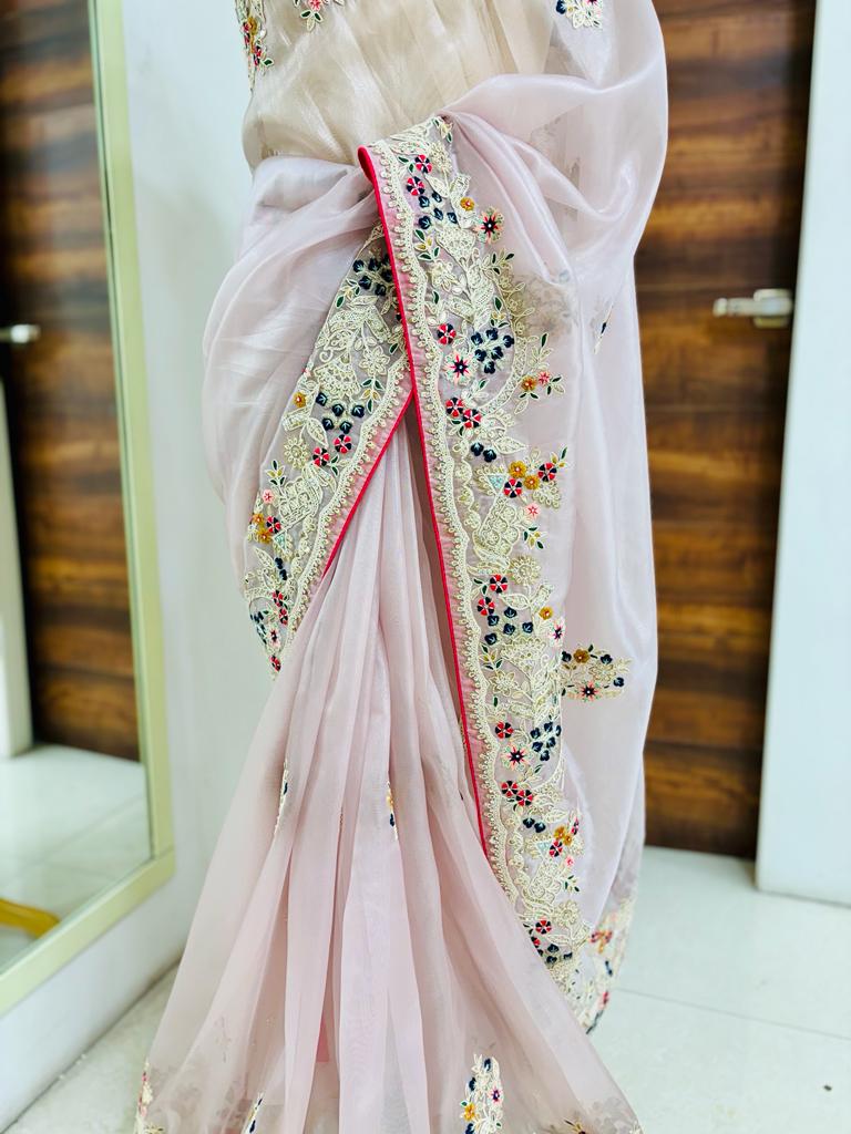 Baby Pink Tissue Organza Saree