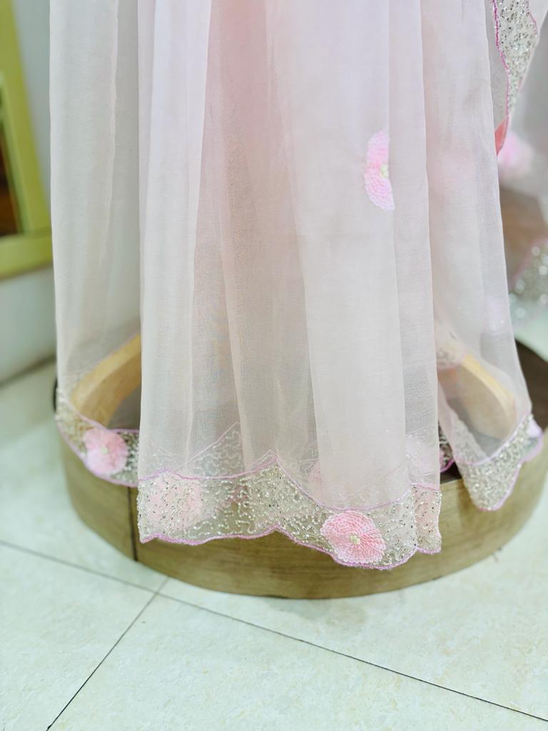 Light Pink Cutdana Organza Saree