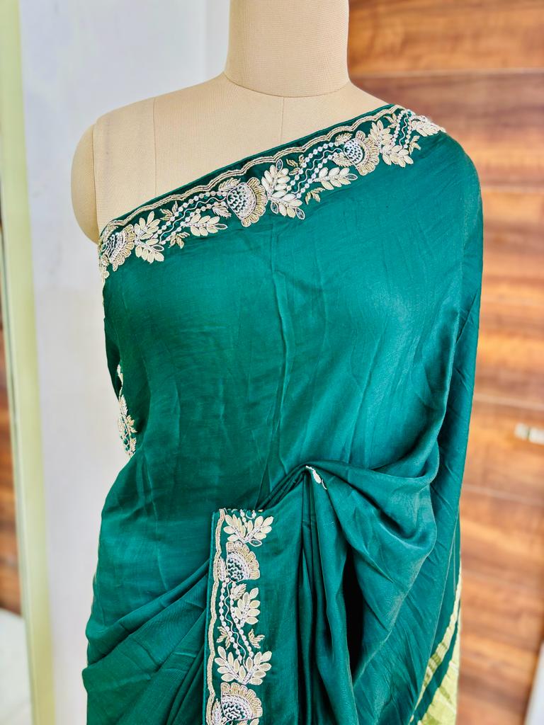 Green Satin Silk Zari Work Saree