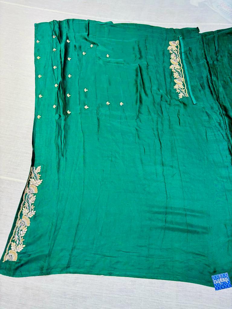 Green Satin Silk Zari Work Saree