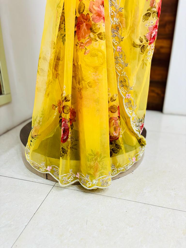 Yellow Floral Print Organza Saree