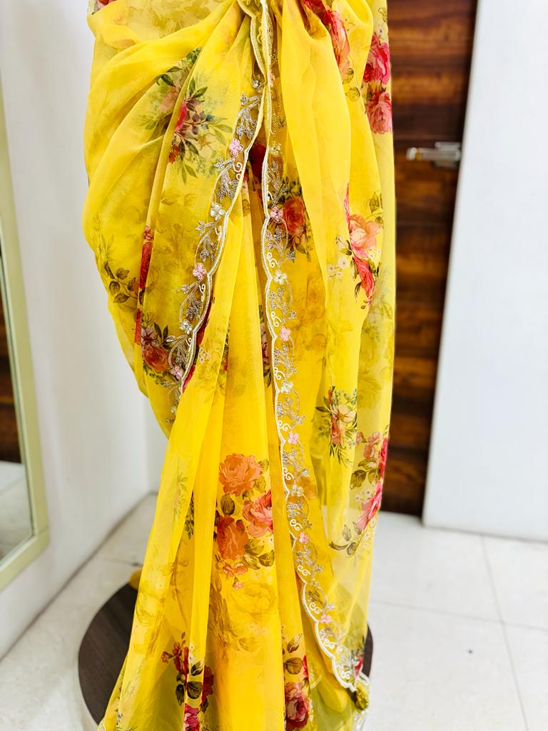 Yellow Floral Print Organza Saree