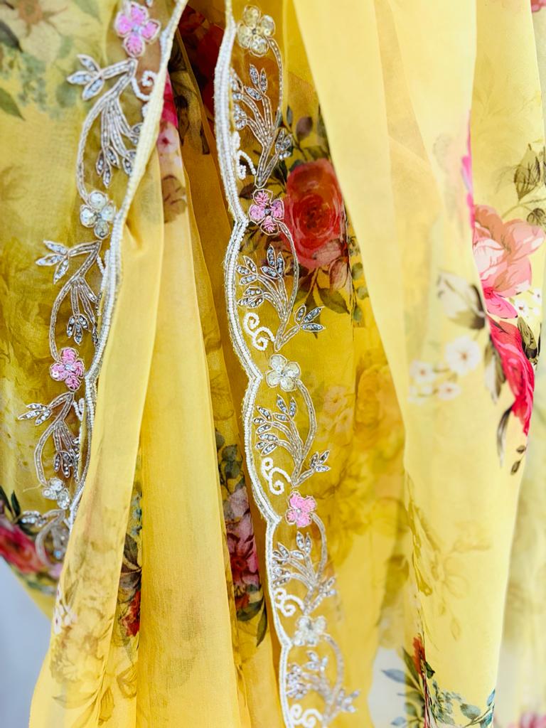 Yellow Floral Print Organza Saree