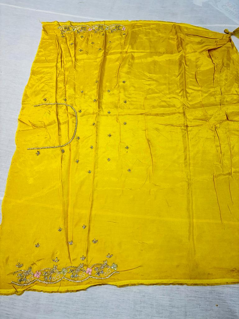 Yellow Floral Print Organza Saree