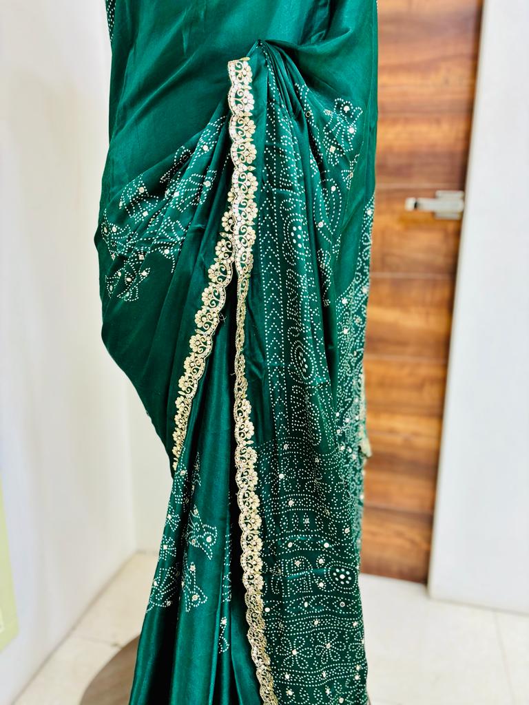 Dark Green Bandhani Print Silk Designer Saree